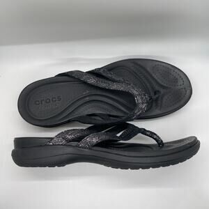 Crocs Capri V Flip Flops Sandals Dual Comfort Black Silver Shimmer Womens US 10